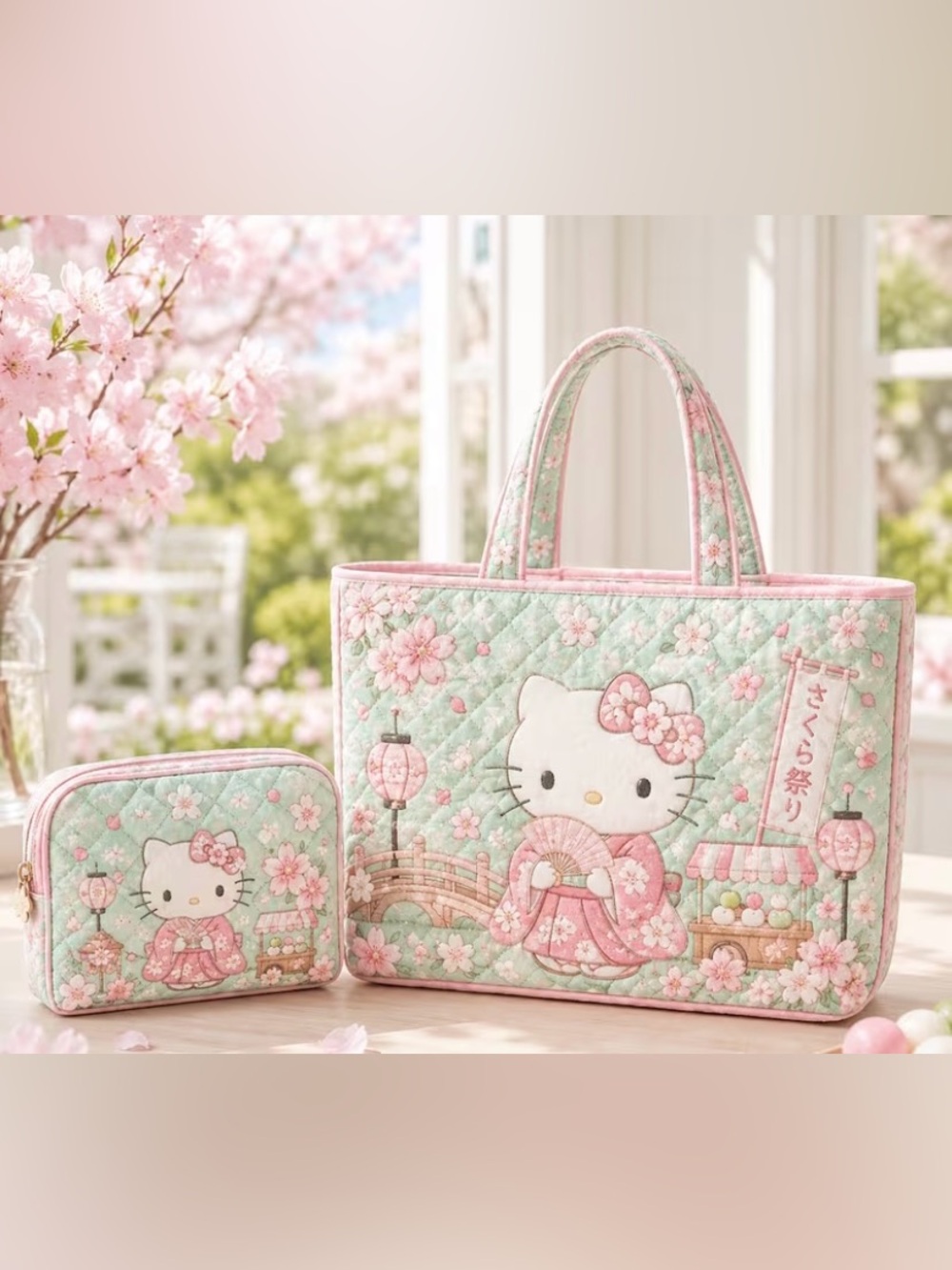 Sanrio Hello Kitty Pink and Mint Quilted Tote with Matching Pouch